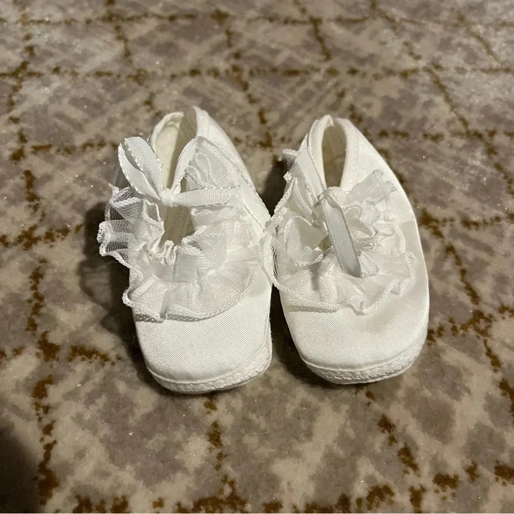 Vintage White Christening Infant BABY SHOES Soft Sole